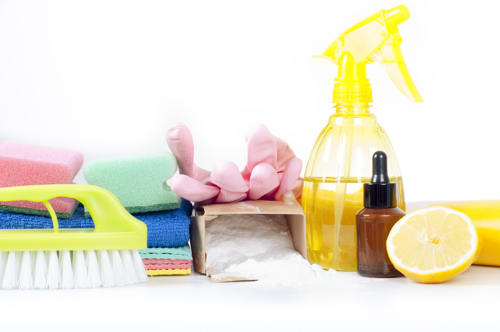 Eco-friendly natural cleaners cleaning products. Homemade green cleaning on white background.